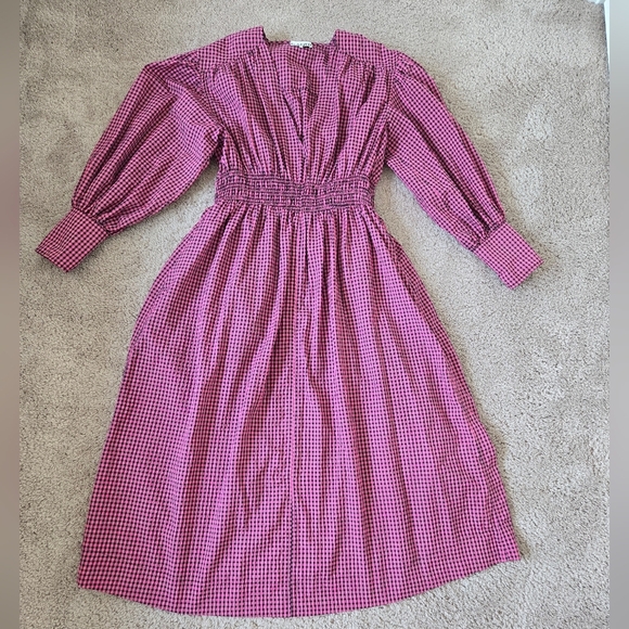 GANNI Carmine Rose Seersucker Check Gingham V Neck Gathered Midi Dress Small /36 - Picture 14 of 16